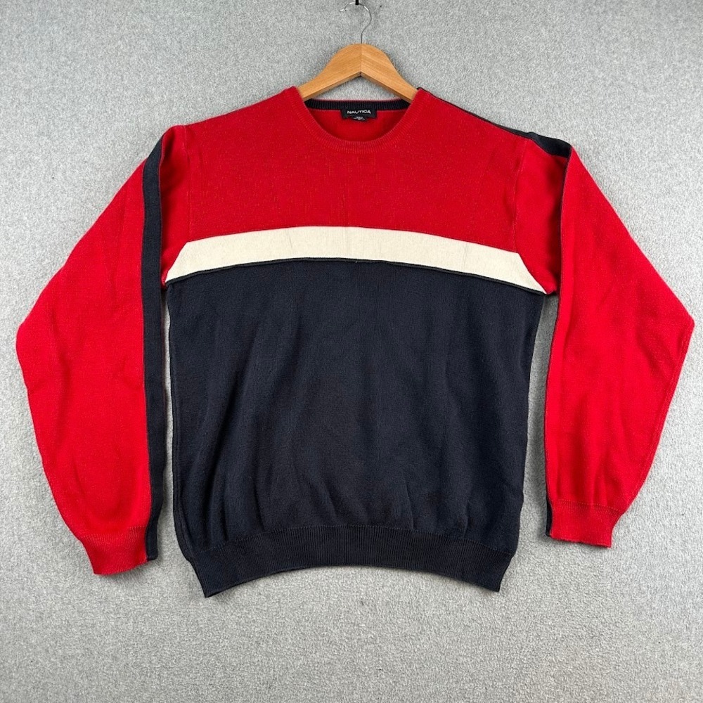 Nautica Sweater Mens L Red Colorblock Crewneck Long‎ Sleeve Ribbed Trim